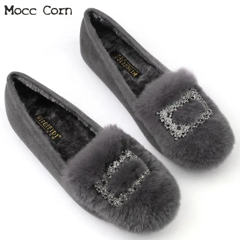 Теплая меховая плюшевая Мокасины женские зимние туфли на плоской подошве
