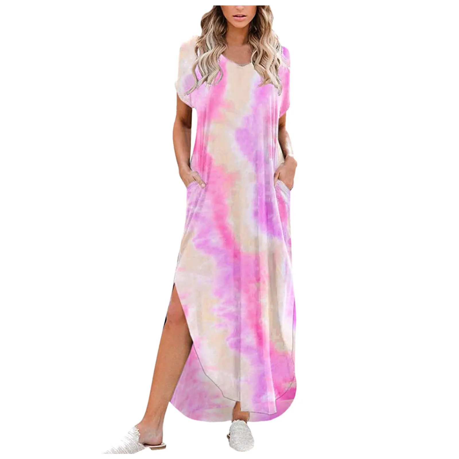 

2021 Summer Dress Women Clothes Fashion Casual Short Sleeve Print V-neck Maxi Dress Femael Loose Party Dress With Pockets