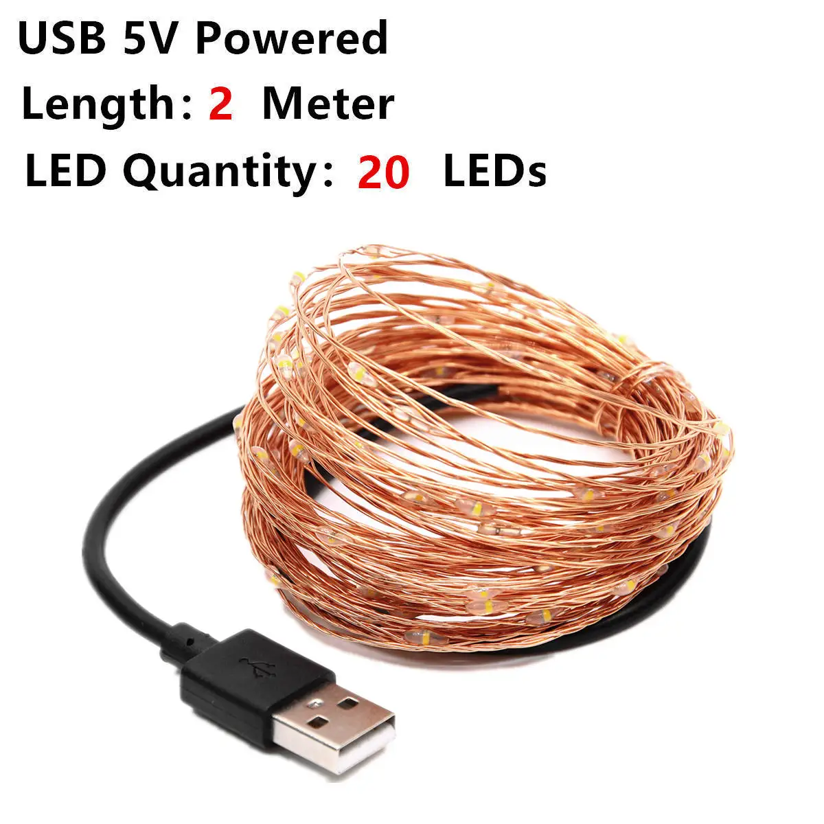 2M powered by USB Светодиодный Сказочный светильник, гирлянда на батарейках, медный провод, водонепроницаемый, для наружного украшения на Рождество - Испускаемый цвет: 2M powered by USB