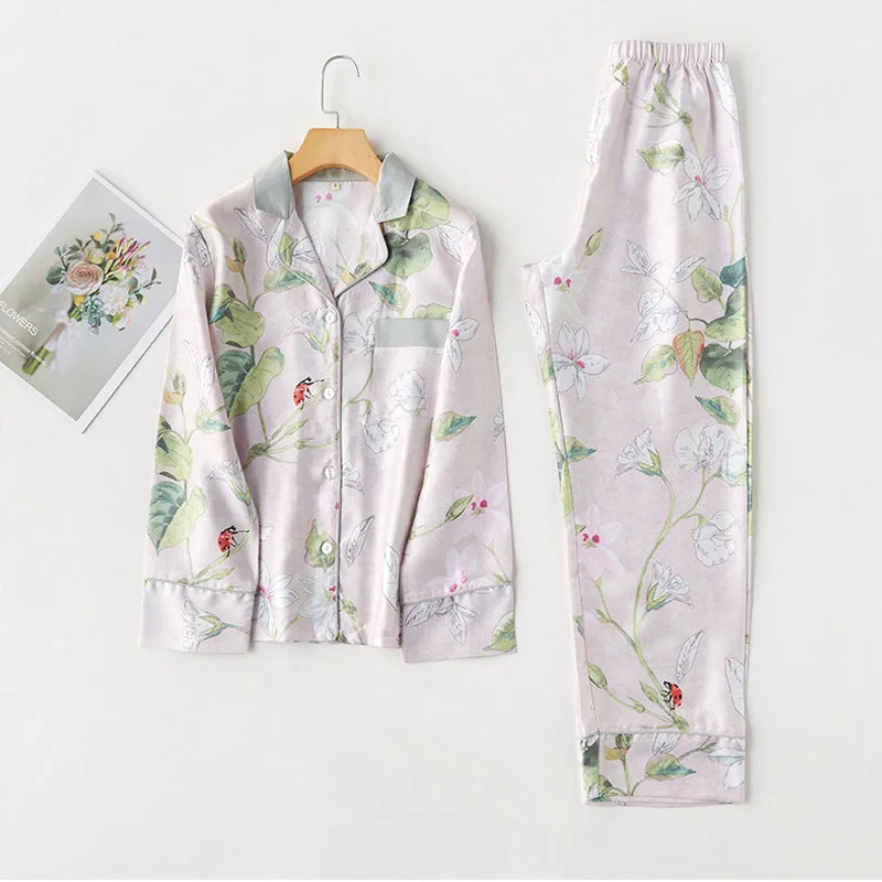

Elegant Pajamas For Women Tencel Lessell Two Pcs Sleepwear Summer Sleepwear Print Lapel Sets Pyjamas Long Sleeve Home Clothes