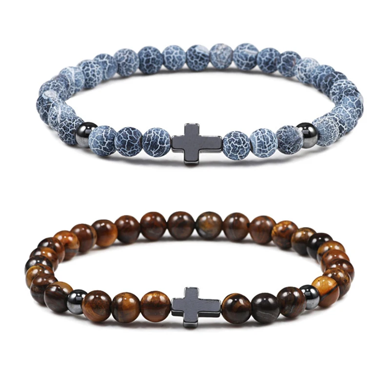 

Hot Sale Cross Natural Tiger Eye Lava Stone Onyx Meditation Beads Bracelet&Bangle For Women Men Prayer Bracelets Yoga Jewelry