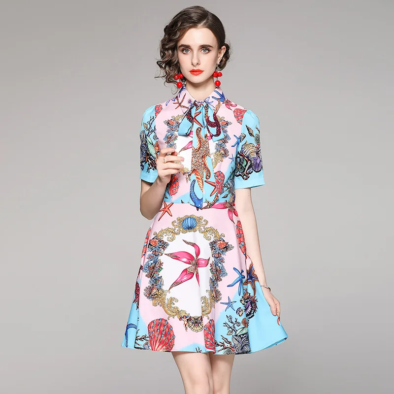 

European and American women's all-match waist waist slimming positioning printing short-sleeved dress French evening dress