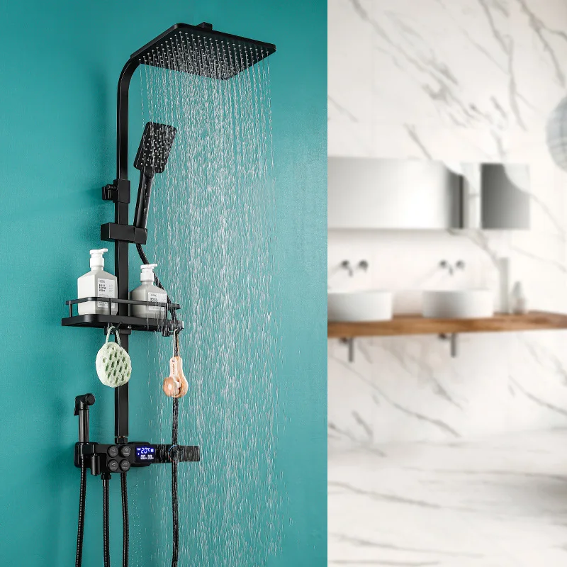 【Ships From：Ru】 bathroom full copper black shower set double row button thermostatic digital display 4-speed handheld |