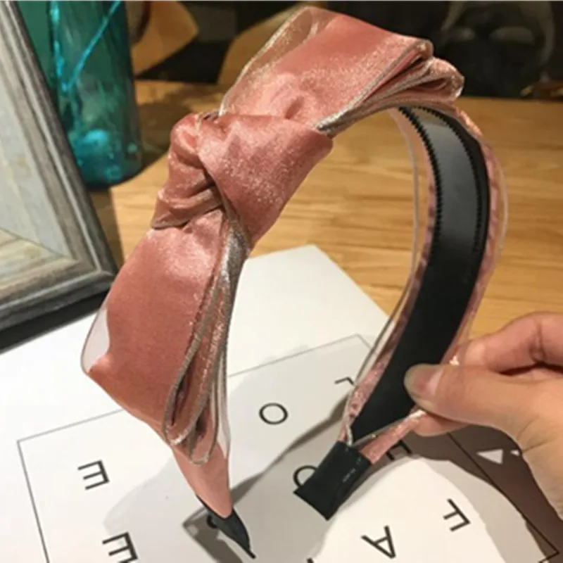 

Pink Satin Mesh Bow Headband Toothed Women Hair Accessories Solid Headband Adults Hairband Wedding Party Hair Bow Hairband