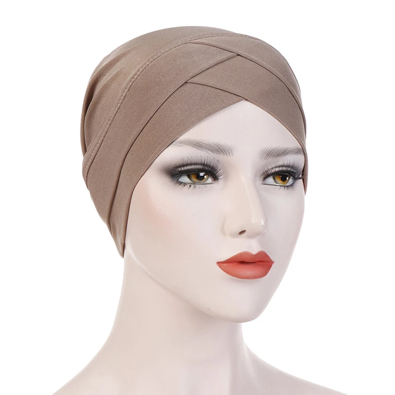 

Women Turban Hat Stretchy Cross Head Wrap Solid Color Muslim Scarf Fashion Bandana India Cap Hair Accessories