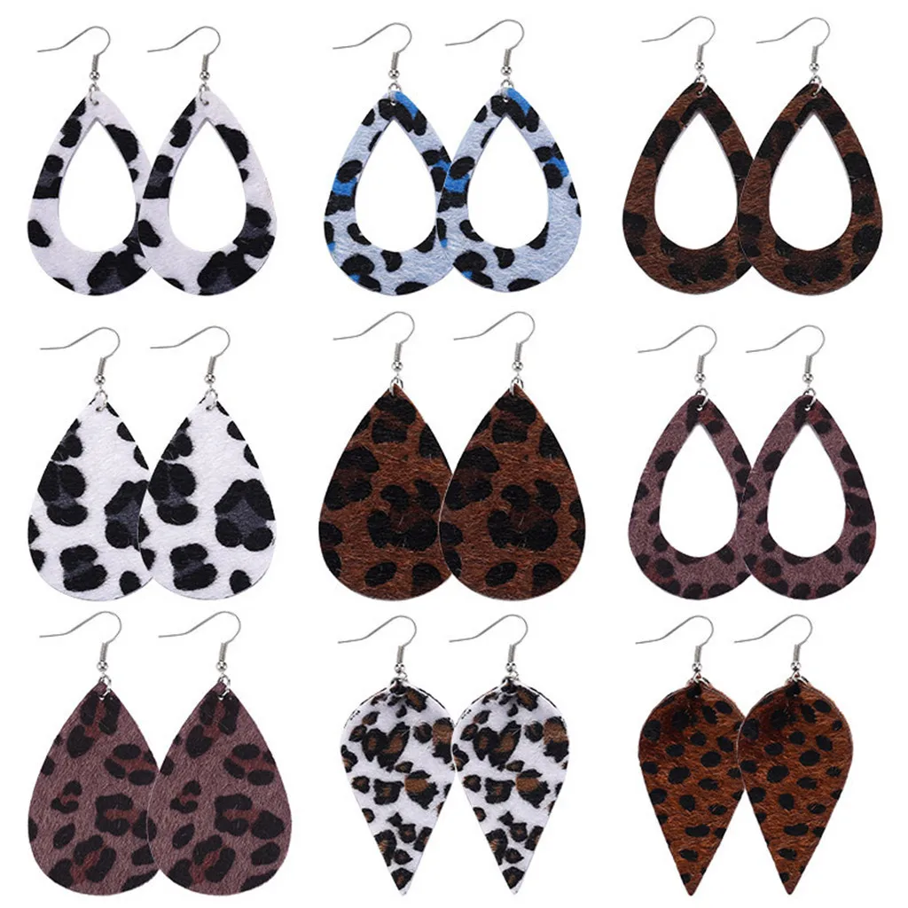 Кожаные серьги в форме листа полые капель ограненные с леопардовым принтом |