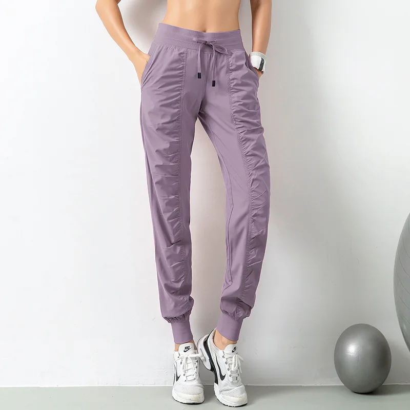 Sweatpants Fabric Drawstring Running Sport Joggers Women Quick Dry Athletic Gym Fitness with Two Side Pockets Exercise Pants