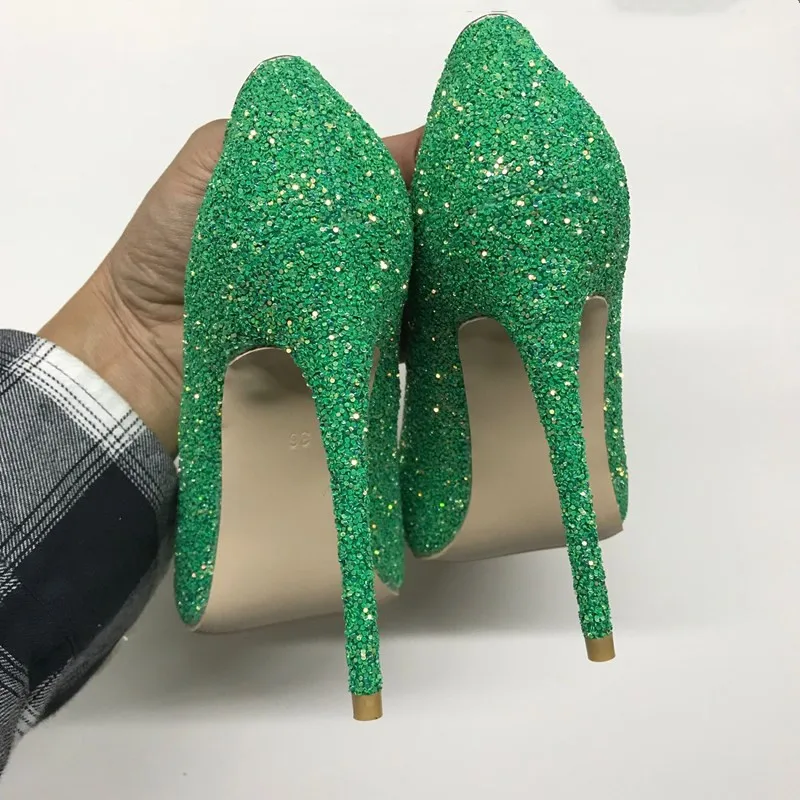 Зеленые блестящие туфли женские модельные на шпильке 12 см для ночного клуба
