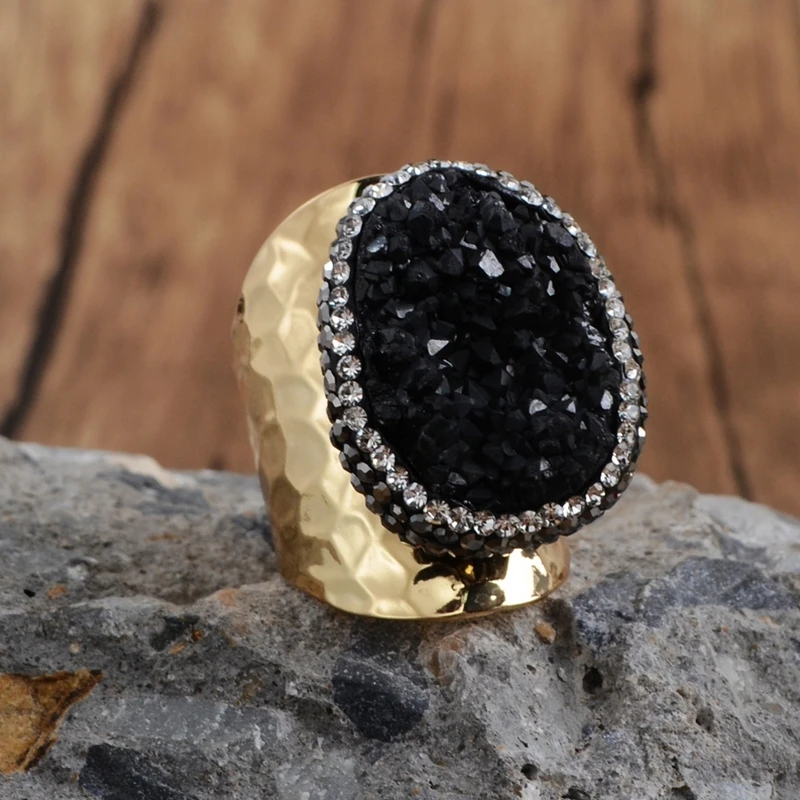 gold-black Дропшиппинг кольцо с камнем друзы Бохо Радужное кольцо Друза титана для свадьбы ювелирные изделия США европейские драгоценные камни обручальные кольца женское кольцо - Цвет основного камня: gold-black