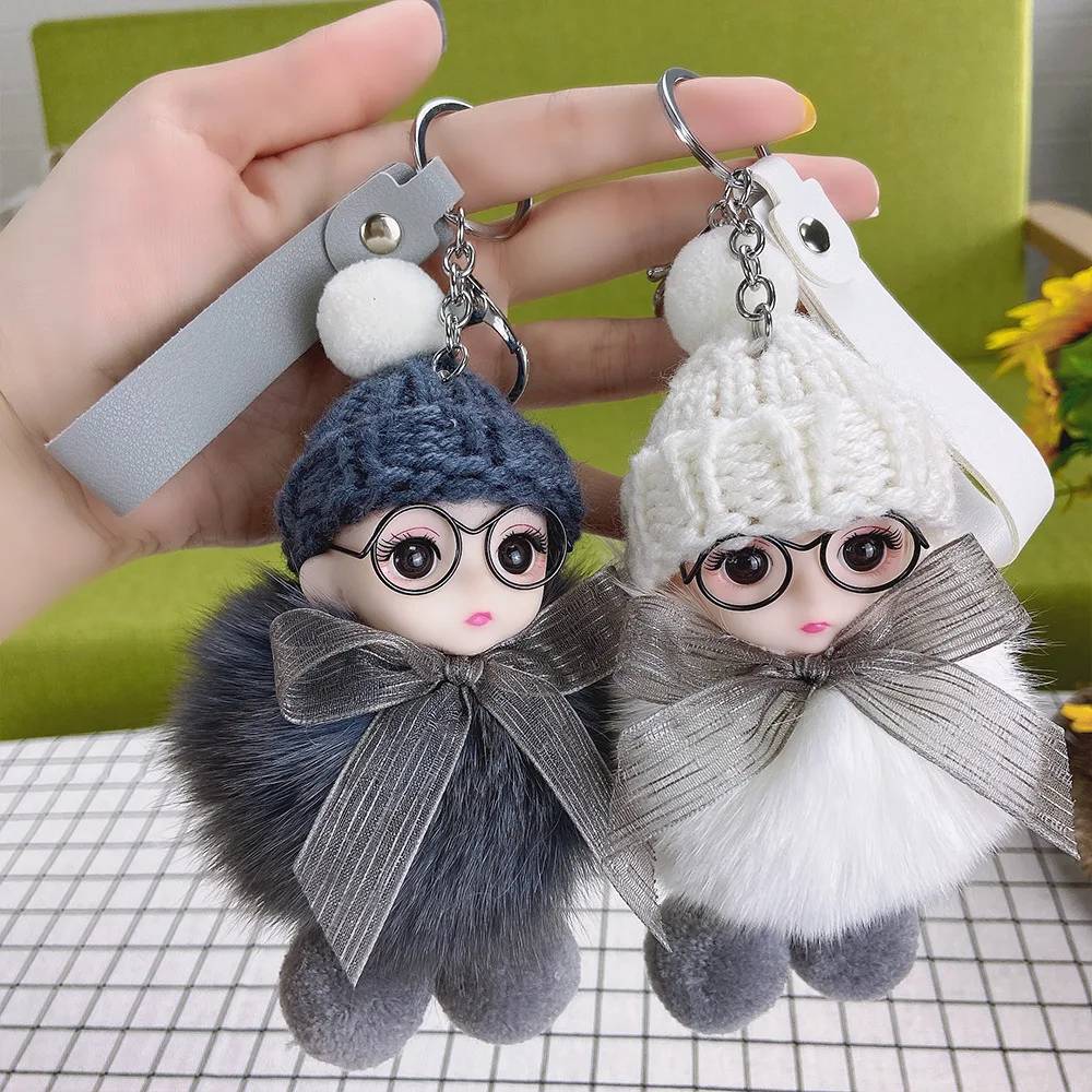 

Pompom Big Eye Baby Key Chain Cute Fluffy Plush Doll Keychains Women Girl Bags Keyrings Cars Key Ring Gift Charming Decoration