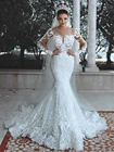 Блестящее кружевное свадебное платье Русалка иллюзионный лиф vestido de noiva с длинным рукавом Прозрачный вырез аппликации свадебные платья весна 2021