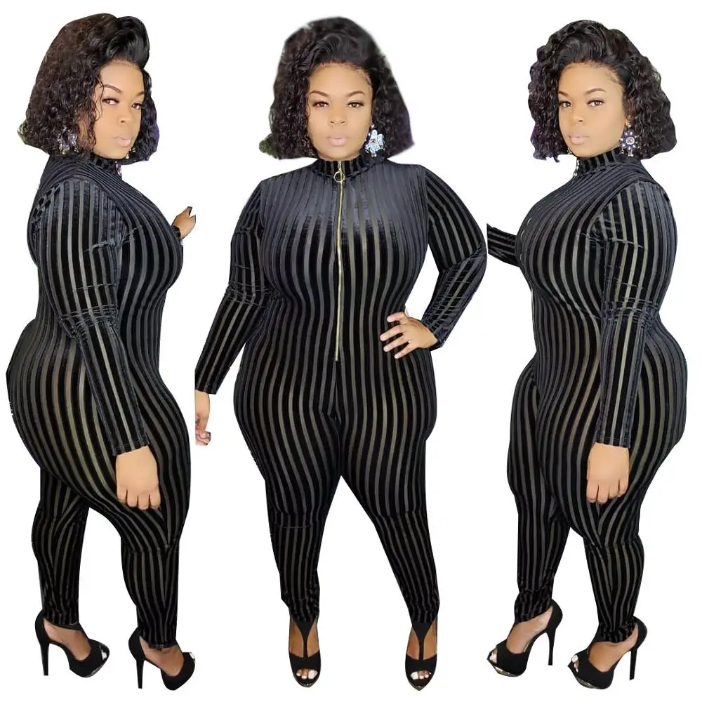 

Gym Active Wear Vertical Striped Sheath Slim-fit Full Length Jumpsuit Casual Sport Women Zip Up Full Sleeve Romper Catsuit
