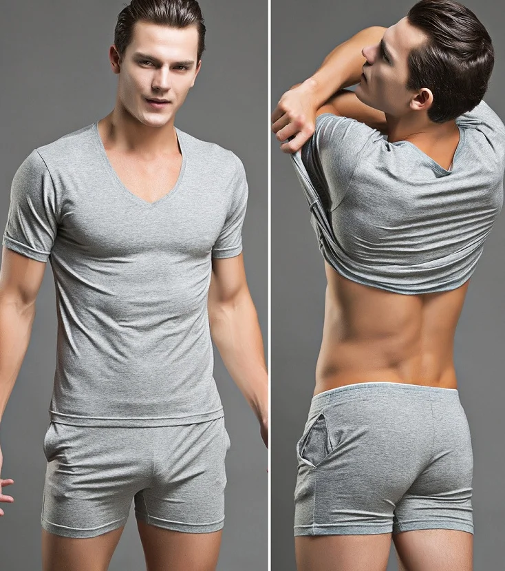 grey t shirt Брендовый топ+ шорты, летняя домашняя одежда для мужчин, Повседневная однотонная Пижама, наборы, мужская хлопковая одежда для сна с v-образным вырезом, комплект одежды для фитнеса - Цвет: grey t shirt