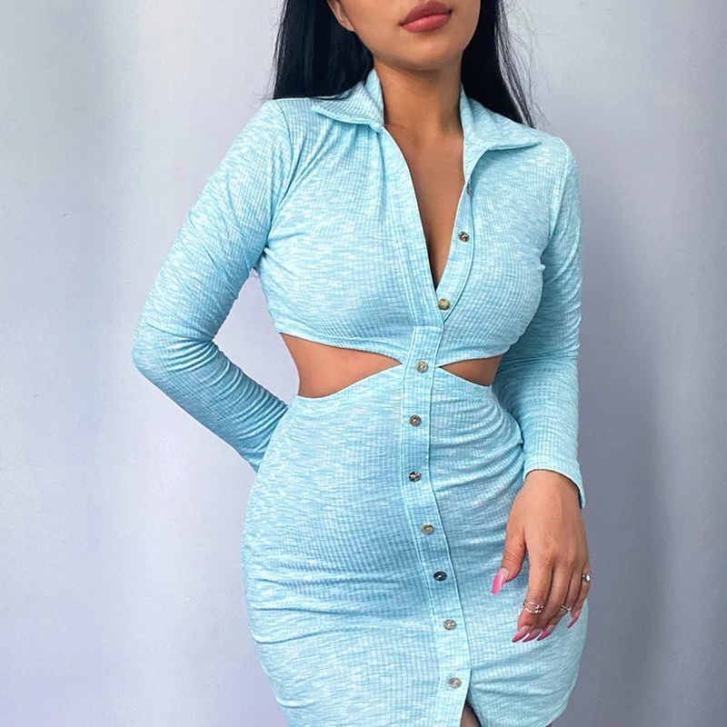 

Summer Hollow Sexy V-neck Women Mini Long-sleeved Dress Fashion Party Club Tight-fitting Lapel Wrap Buttocks Short Skirt