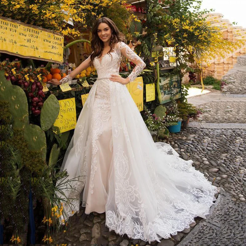 

Sexy Mermaid Appliques Wedding Dresses 2021 With Detachable Train Long Sleeves Beaded Lace Princess Boho Bridal Gowns Customize