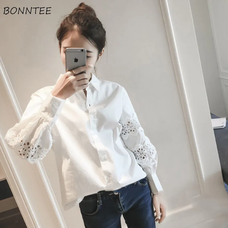 

Shirts Women Fashion Korean Solid Color Long Hollow Out Puff Sleeve Womens Elegant Trendy Ladies Single Breasted Simple Clothing