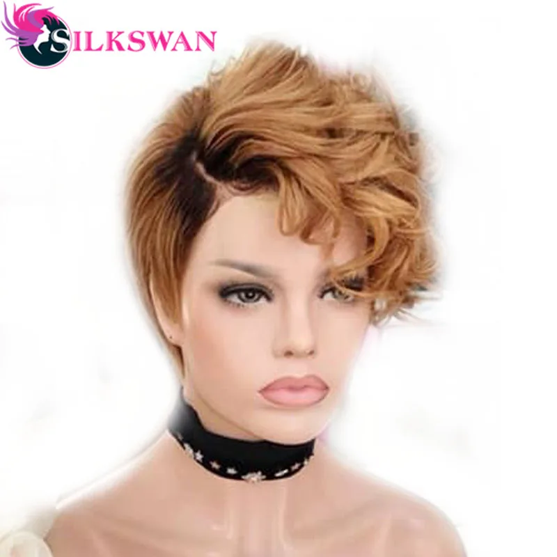 Silkswan человеческие волосы 13x4 Синтетические волосы на кружеве парики 1B/27 короткую стрижку Пикси Парики 150 Плотность парики бразильских Волосы remy для Для женщин