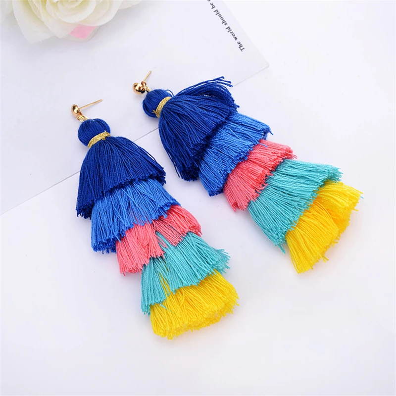 

Colorful Cotton Thread Long Temperament Women's Earrings Thin Long Gradient Bohemian Tassel Earrings National Style Jewelry