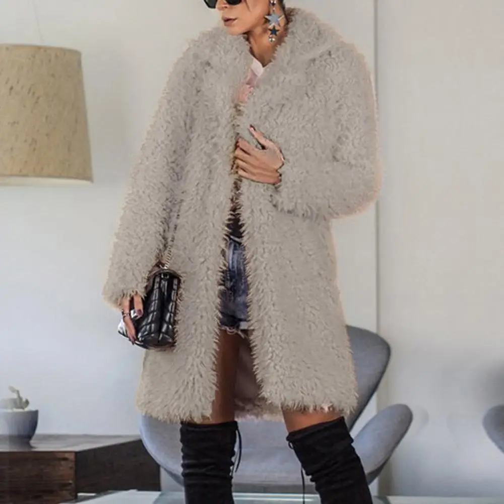 Faux Fur Coat Plus Size Women Autumn Winter Fluffy Plush Coat Solid Lapel Long Sleeve Cardigan Coat Warm Soft Outwear