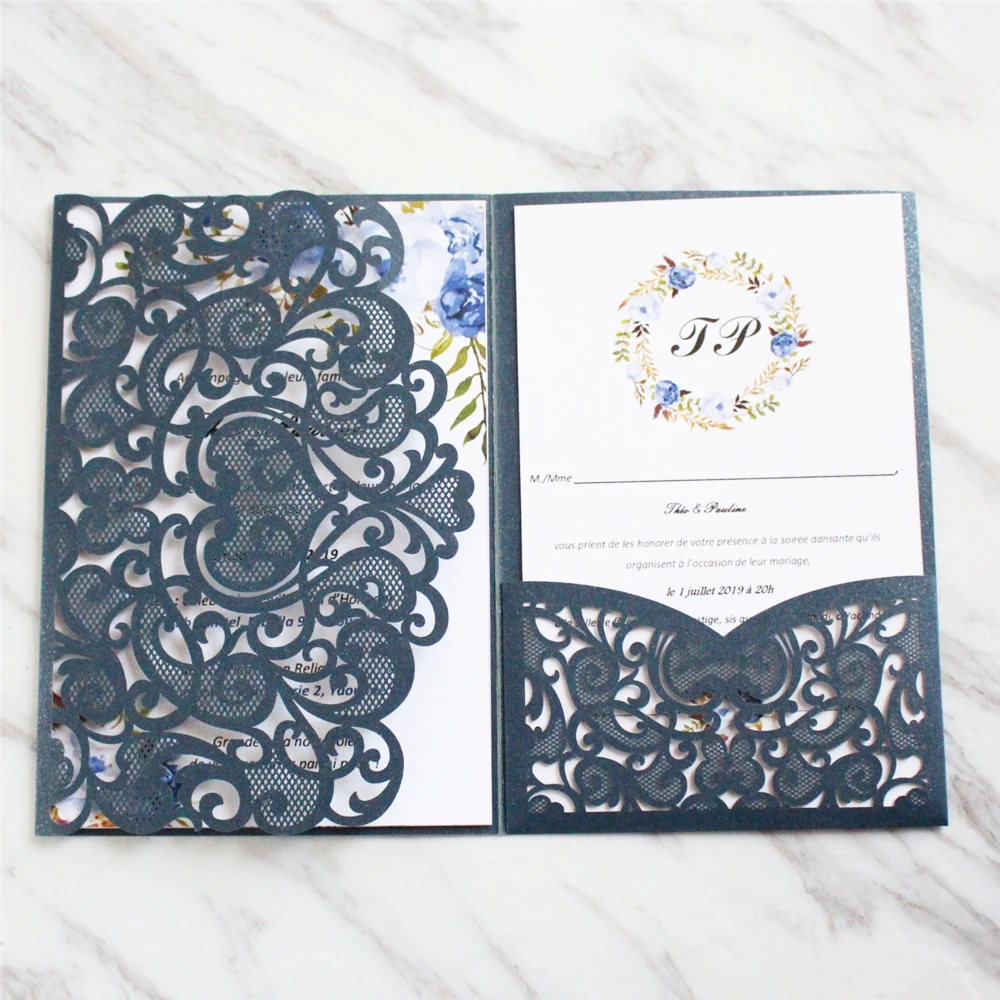 Лазерная резка свадебное приглашение Карманный цветок три сложения