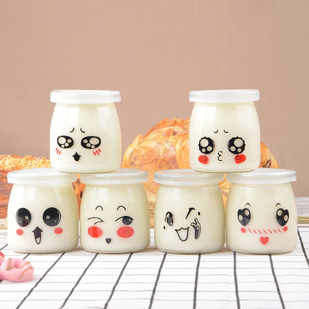 

6pcs 200ml Glass Yogurt Bottle Facial Expression Pudding Bottles Cartoon Heat-Resistant Glass Jelly Yogurt Jar (Random Pattern)