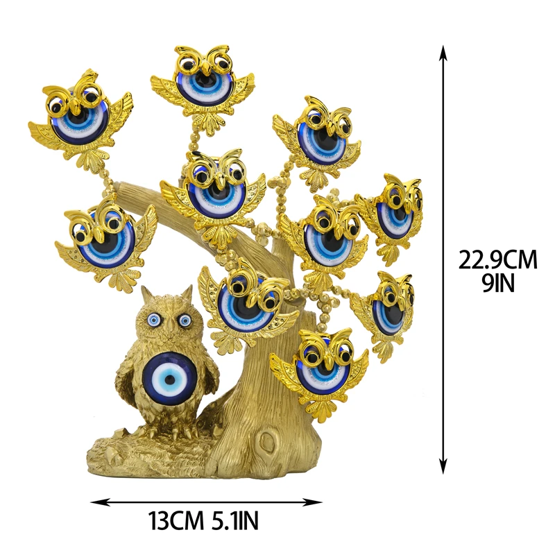 

H&D Turkish Blue Evil Eye Golden Artifical Tree with Owl Figurines for Home Decorations Showpiece for Good Luck Protection Gift