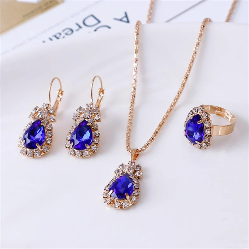 

Waterdrop Shiny Cubic Crystal Decoration Necklace Ring Earrings Jewelry Set Elegant Fashion Design Festival Jewelry