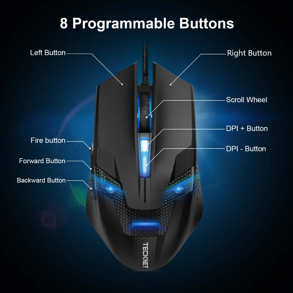 TeckNet 8 кнопочная оптическая Проводная игровая мышь RGB светодиодный Премиум 7000 dpi сенсор эргономичная компьютерная геймерская мышь для ПК ноутбук Настольный