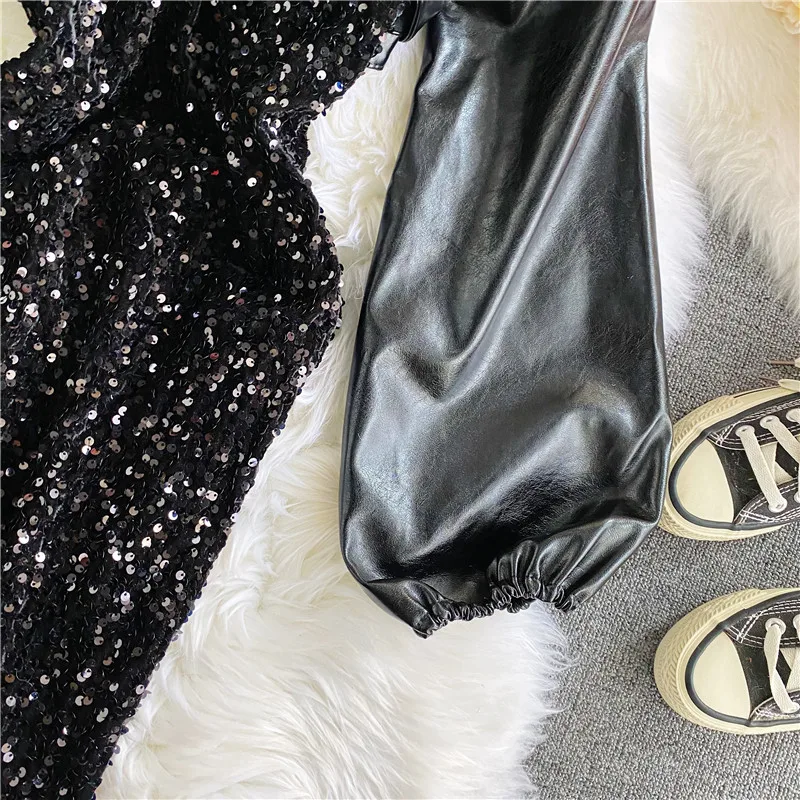 

Spring Autumn Women Sequin 2pcs Set Black Turn-Down Collar Pu Leather Shawl + High Waist Spaghetti Strap Dress Fashion Suit New