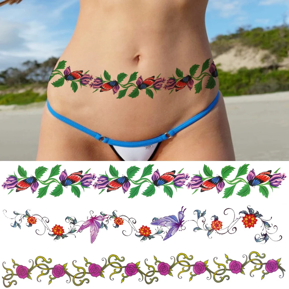 Bramble DIY Long Flower Temporary Tattoos For Women Girls Sexy 3D Vines Tattoo Sticker Rose Daffodil Waist Tatoos Waterproof