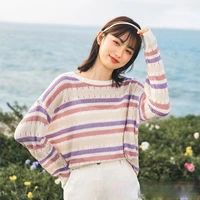 woman sweaters rainbow stripes hollow knit oversized jumper fall purple fashion sweet long sleeved pullover harajuku sweater