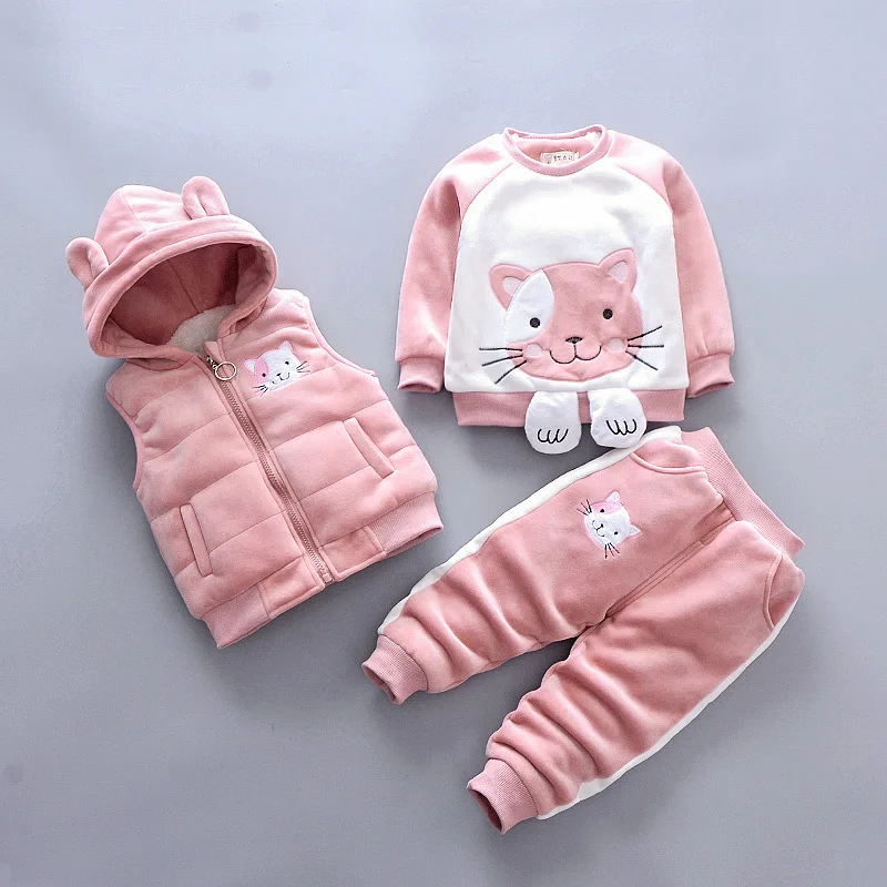 pink cat Лидер продаж года, комплект зимней одежды из 3 предметов для маленьких детей, утепленная одежда на Хлопчатобумажной Подкладке для новорожденных мальчиков и девочек, От 0 до 3 лет жилет с капюшоном, пальто, топы, штаны - Цвет: pink cat