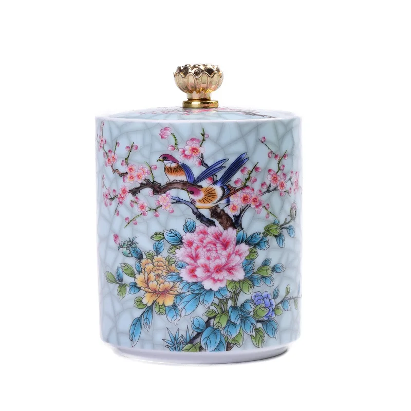 

Exquisite Enamel Ceramic Tea Caddies Flowers and Birds Jar Travel Tea Box Coffee Beans Spices Dried Fruit Sealed Storage Tank