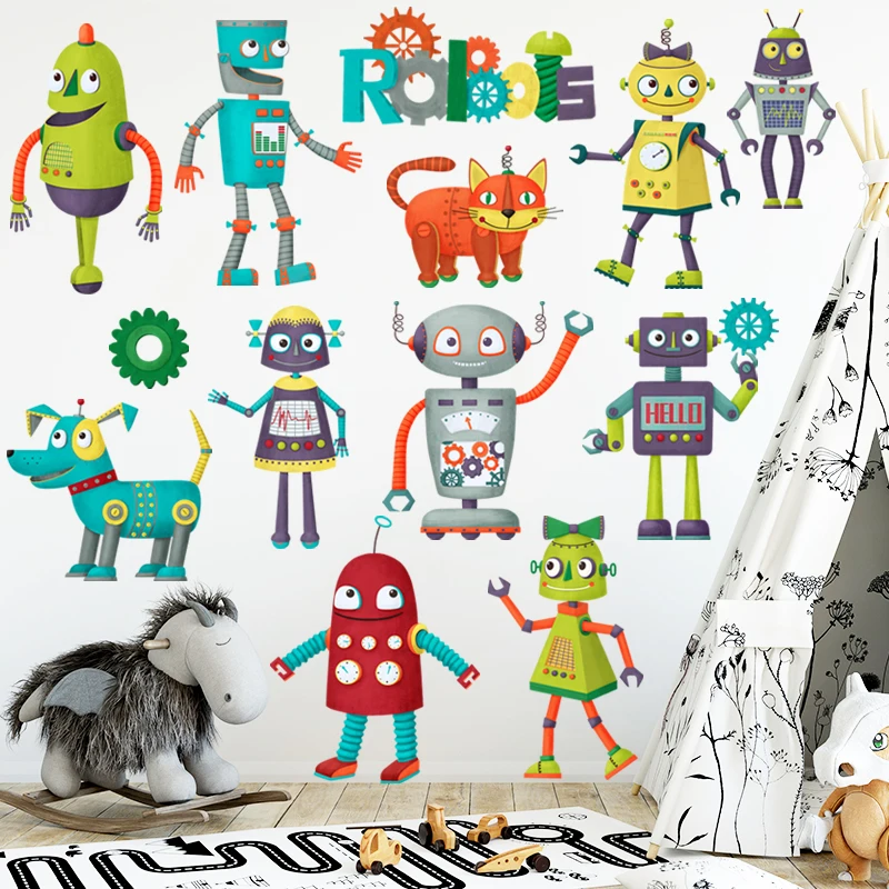 Съемный Настенный стикер милый мультяшный робот мальчики девочки детская