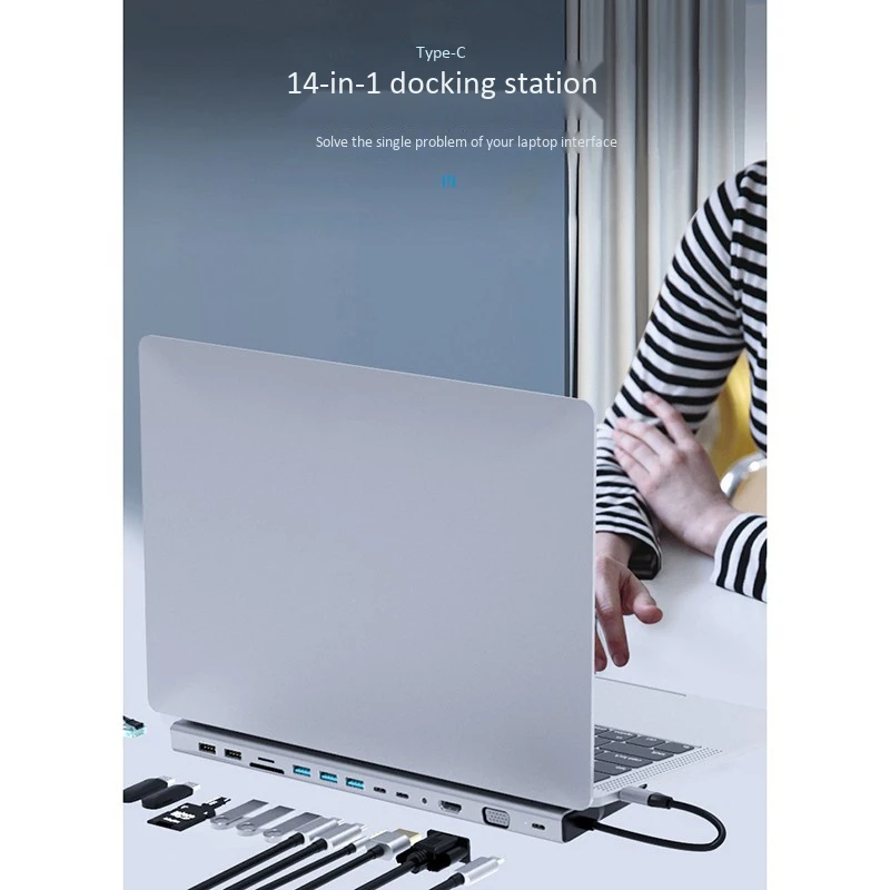 

USB-C HUB with 14-In-1 USB 3.0 USB 2.0 Type-C SD/TF Cards Slots HDMI RJ45 Audio 3.5 VGA PD Docking Station for Laptop