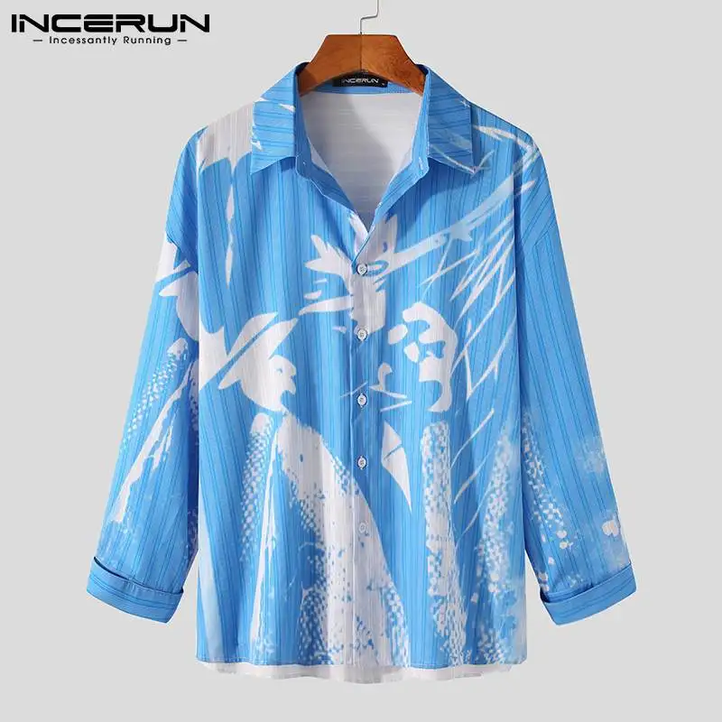 

Man Patchwork Floral Camisa Masculina INCERUN 2021 Spring Striped Men Casual Button Shirts Long Sleeve Lapel Collar Blouse S-5XL