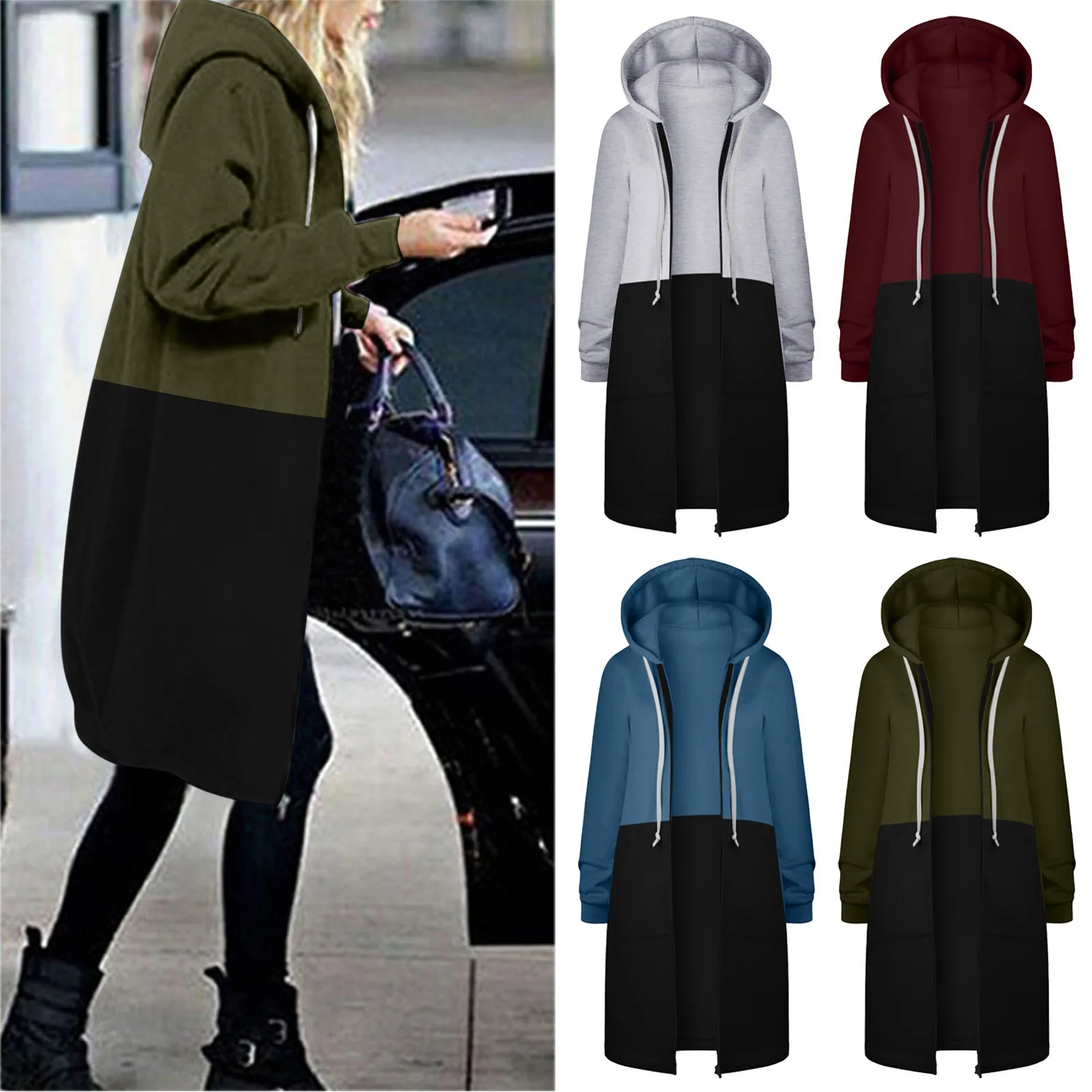 

Женская куртка на завязках с цветными вставками, толстовка с капюшоном на молнии, длинное теплое пальто, модная повседневная верхняя одежда