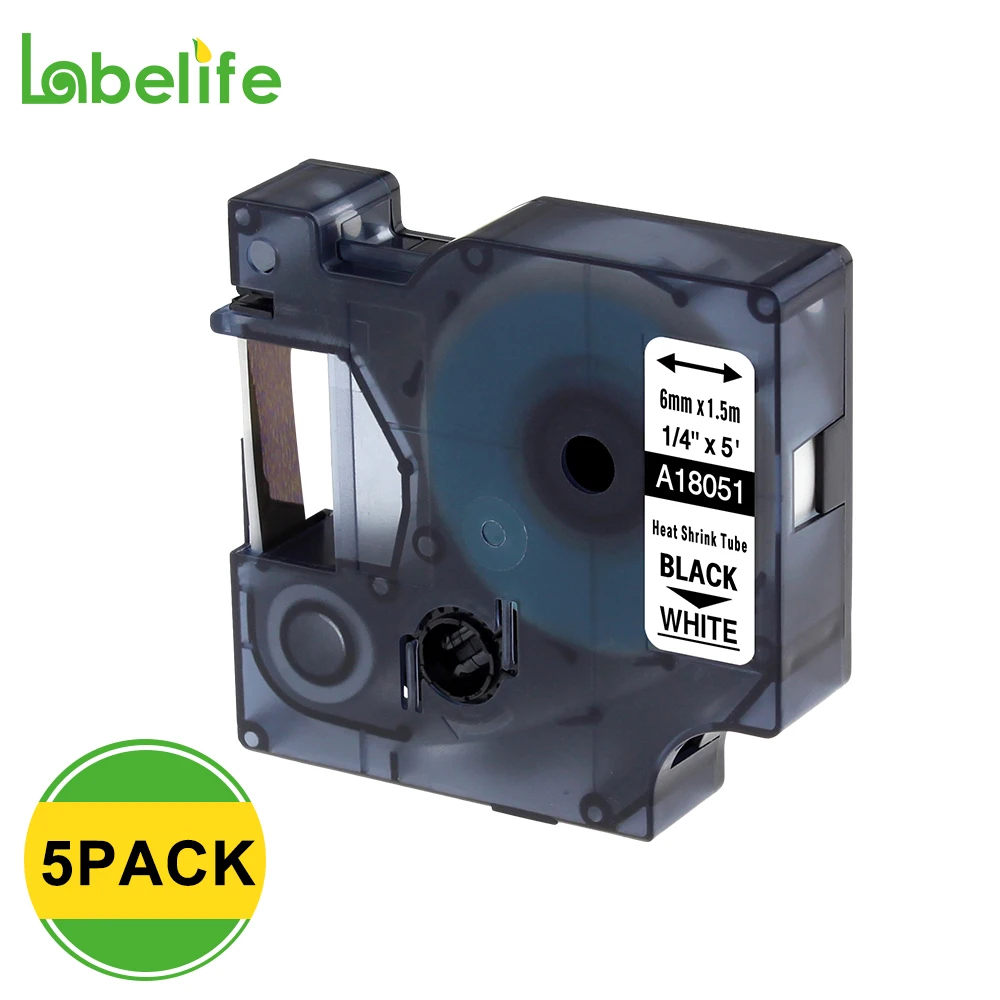 Термоусадочные трубки Labelife 18051 черные на белые 6 мм для DYMO Rhino IND 5 шт./упаковка