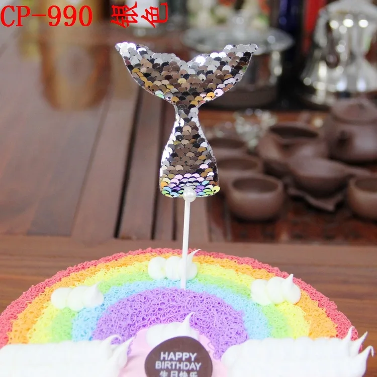 Ynaayu Mermaid Birthday Cake Topper Creative Shine Sequins Tail Insert Decoration Cupcake Flag For Party Supply | Дом и сад
