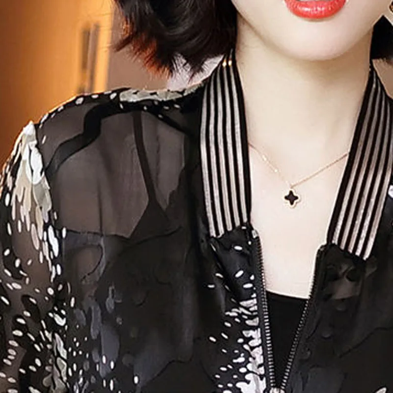 

Jackets Womens Plus Size Short Coats 2021 Spring Chiffon Prints Splicing Long Sleeve Zipper Hollow Tops Skinny Thin Jacket Woman