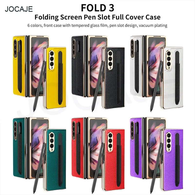 plating leather s pen slot phone case for samsung z fold 3 5g 360 full protection tempered glass film cover for galaxy z fold3 free global shipping