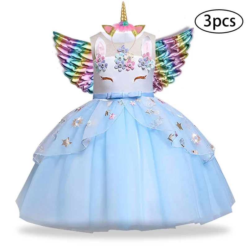 Girls Dress 3Pcs Kids Dresses For Unicorn Party Toddler Christmas Costume Child Princess 3 4 5 6 7 8 9 10 Year | Детская одежда и