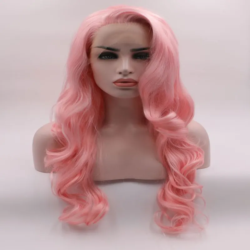 BM Synthetic 13*3 Lace Front Wig Pink Layered Body Wave Heat Resistant Fiber Hair Natural Hairline With Bangs For Women Wigs