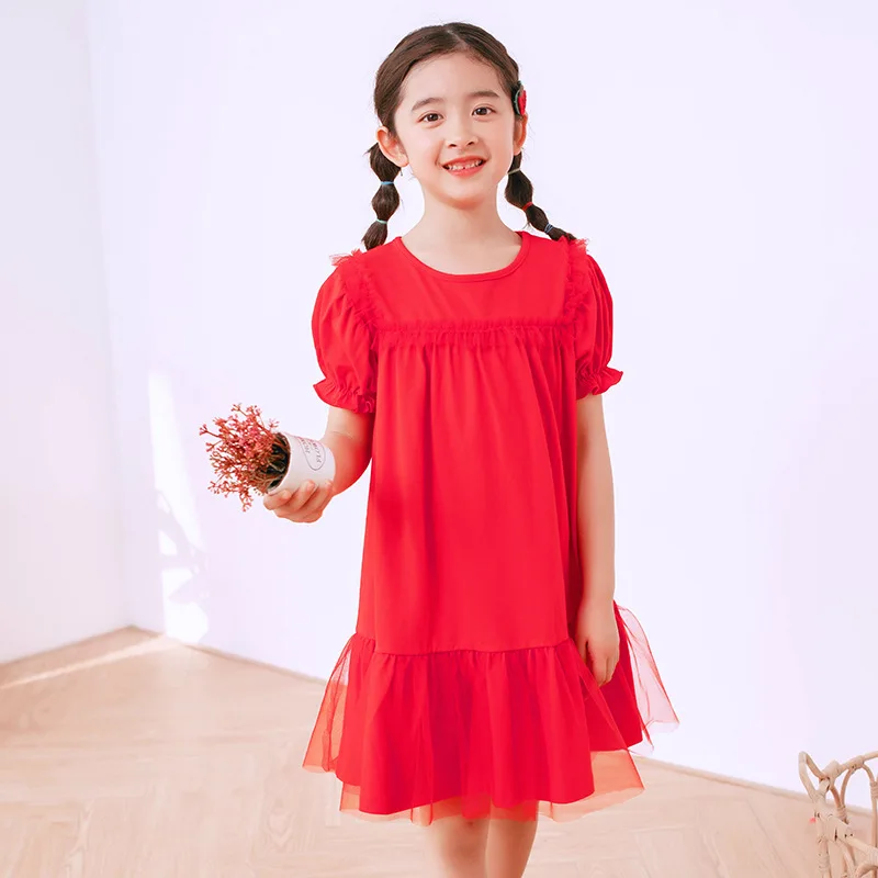 Summer Girls Princess Dress Kids Mesh Patchwork Dresses Children Cute Red Party Frocks Big Girl Vestidos 4 6 8 10 12 | Детская одежда и