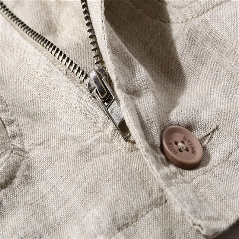 

Retro Linen Jackets Men Mandarin Collar Multi Pockets Outerwear Autumn Fashion Motorcycle Single-breasted Solid Jacket DS50921
