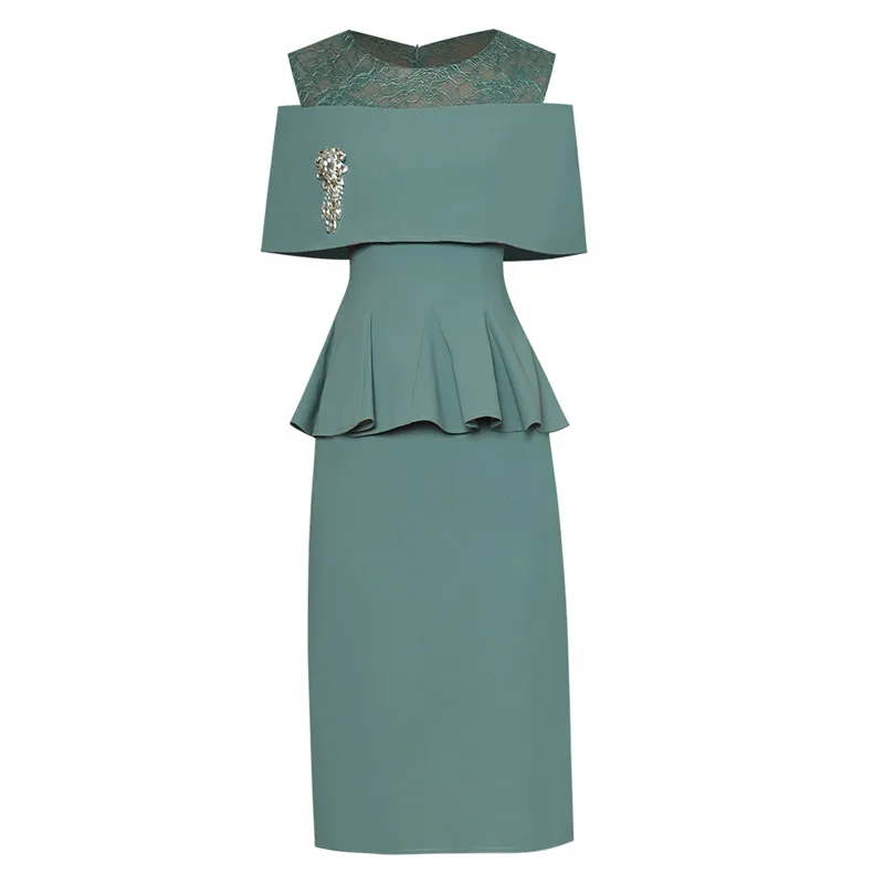 

See Through Lace Patchwork Green/Brown/Black Round Neck Sleeveless Peplum Ruffles Knee Length Big Size Office Dress