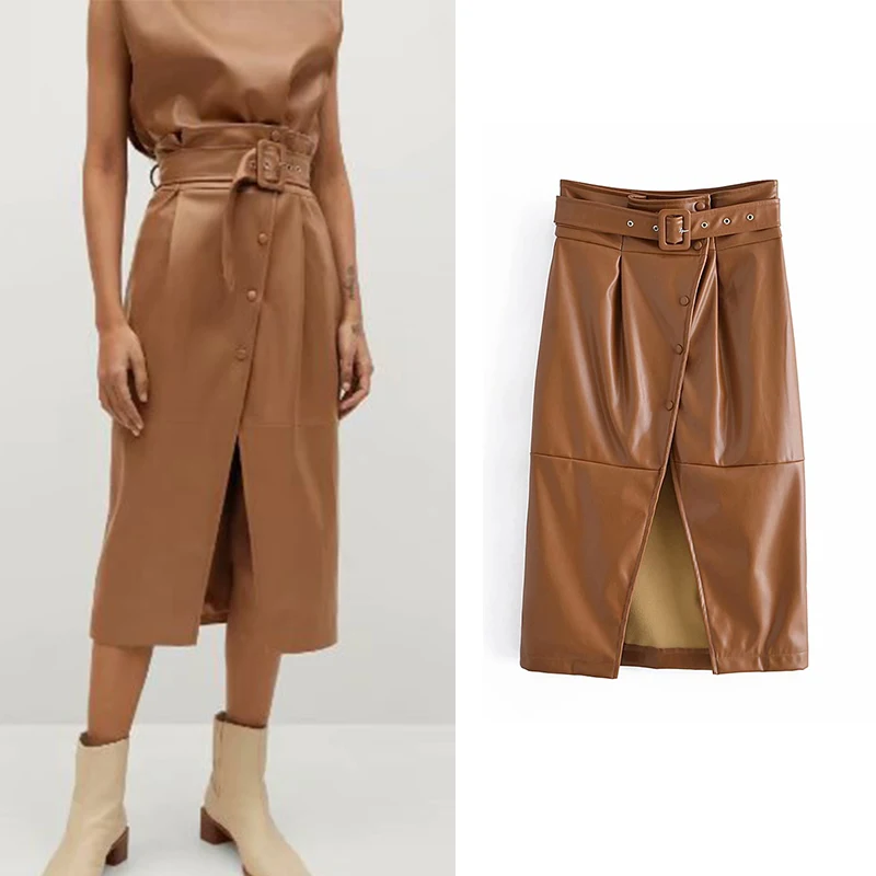 

ZA Autumn PU Leather Skirt With Blet Women 2021 Solid Velvet Sexy High Waist Bodycon Split Skirt Causal Straigh Knee-Lengt Skirt