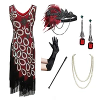 retro sequin dress and jewelry set 1920 art great gatsby cosplay fringe flapper tassel dress party costume accessories set