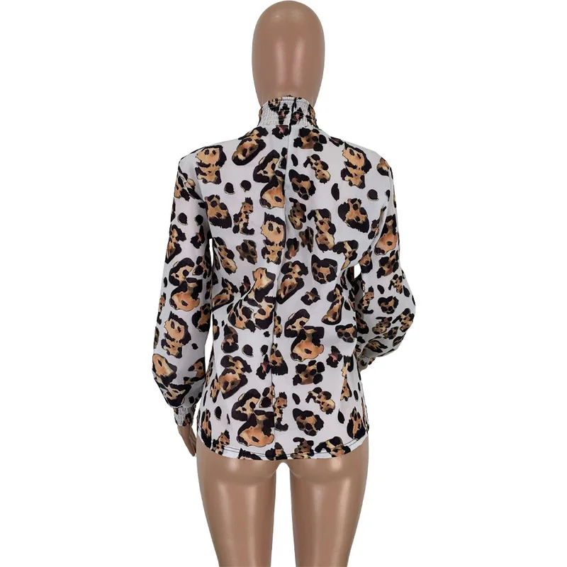 

Leopard Chiffon Long Sleeve T-Shirt Women's Fashion Turtlenecks Ruffle Crop Top Streetwear Causal Plus Size Slim Tee Shirt Femme