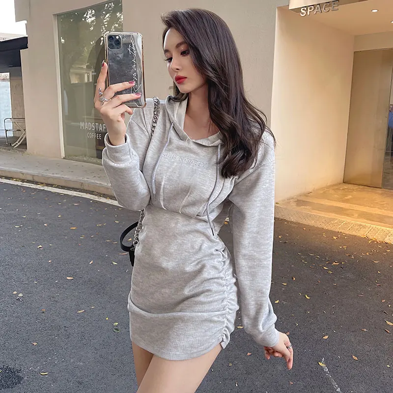 

Chic Fashion Dress 2021 Autumn New Hooded Ruched fold long-sleeved Short Bodycon Sheath Dress Casual